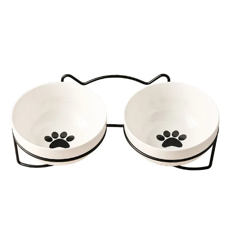 White ceramic pet bowl with cat footprints pattern in black iron cat ear frame