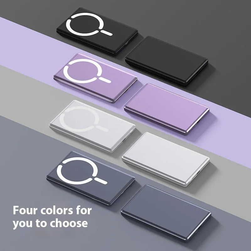 Ultra-thin black magnetic power bank showing 9mm side profile and rectangular 105x66mm shape