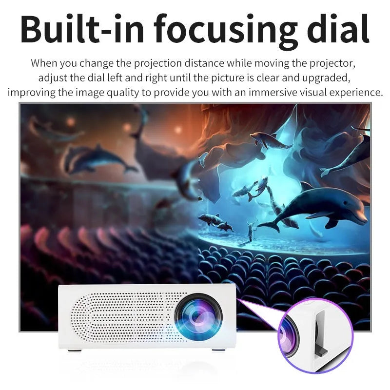Black and white portable mini projector with wired connection for mobile phone screen mirroring.