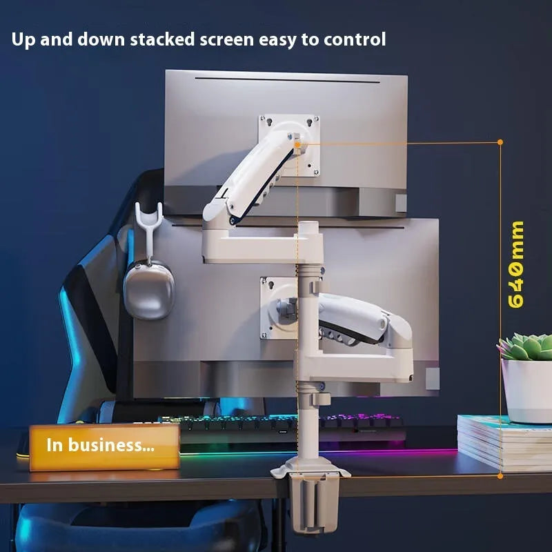 Dual screen computer monitor mounting bracket in gun black with height adjustment mechanism