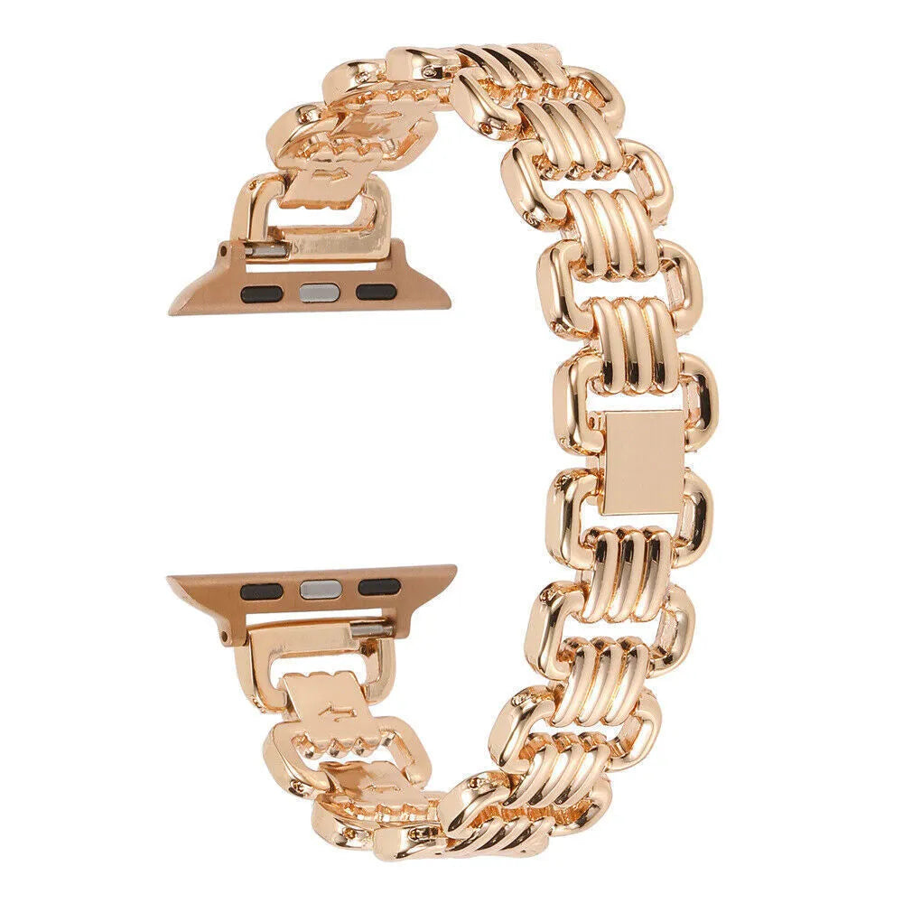 Silver alloy metal replacement bracelet for an Apple Watch, shown alongside black, gold, rose gold, and Starlight colour options.