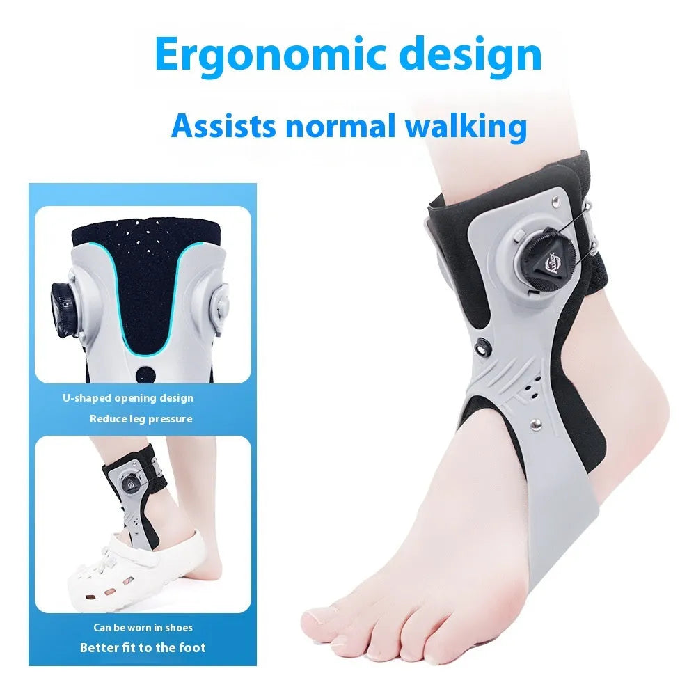 Grey adjustable ankle support brace with airbag button, shown on a left foot.