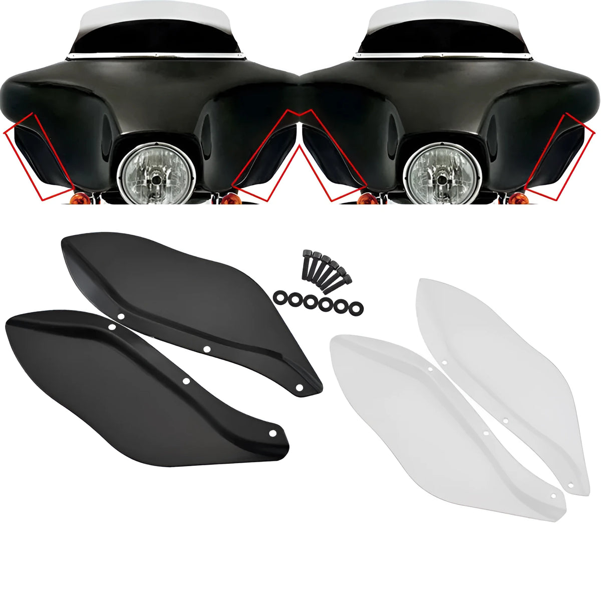 Harley motorcycle side wing head cover pair in black or transparent for Touring models 1996-2013