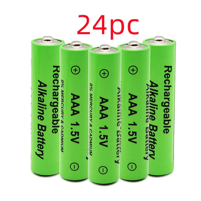 Alkaline rechargeable AA battery with 3000mAh capacity and 1.5V output, shown in green casing.