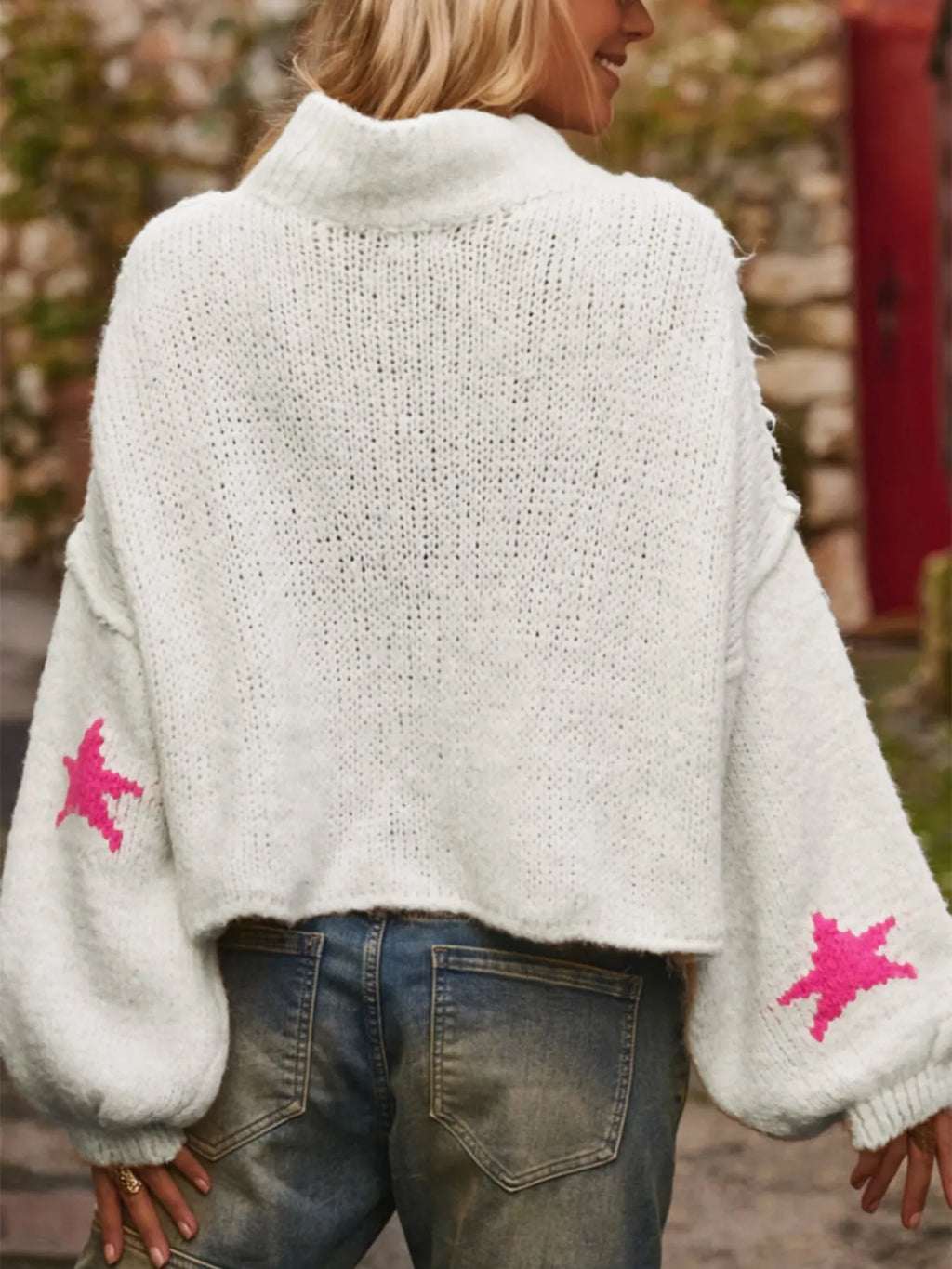 White women's turtleneck pullover sweater with five-pointed star pattern and loose fit