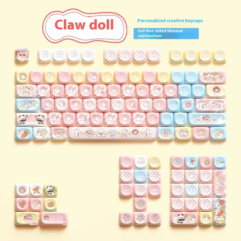 Doll-themed mechanical keyboard keycap set with sublimation dye colours showing anime character designs