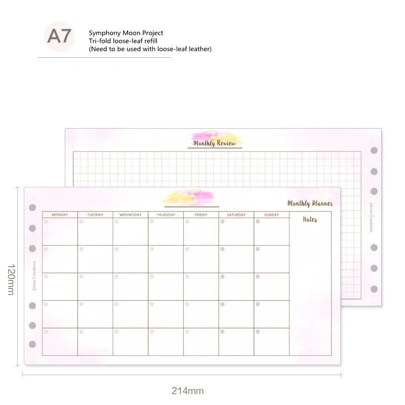 Handbook loose-leaf refill showing A7 floral monthly plan and A5/A6 tri-fold scheduler designs for organisers
