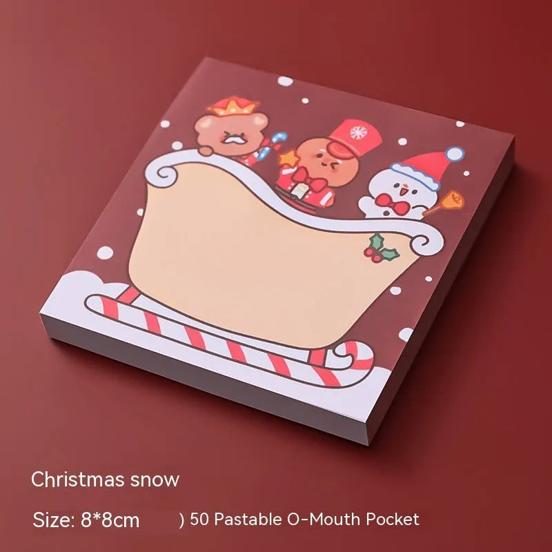 Christmas cartoon sticky notes set with Santa Claus, Elf, Snowman, Gift, Sled, House, Crystal Ball, and Christmas Bear designs