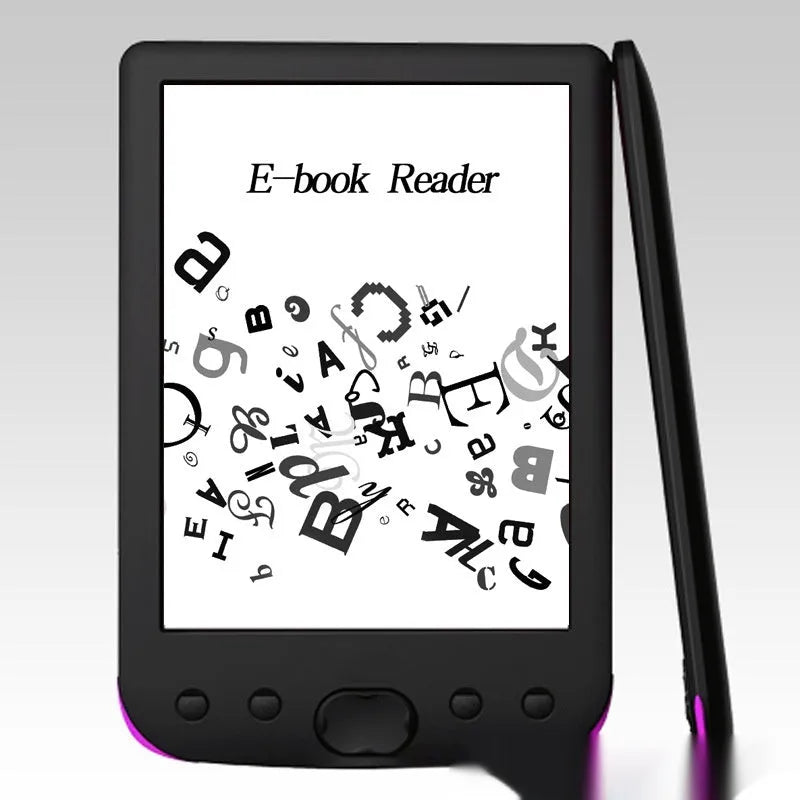 Black 6-inch E-ink screen e-book reader showing book text display