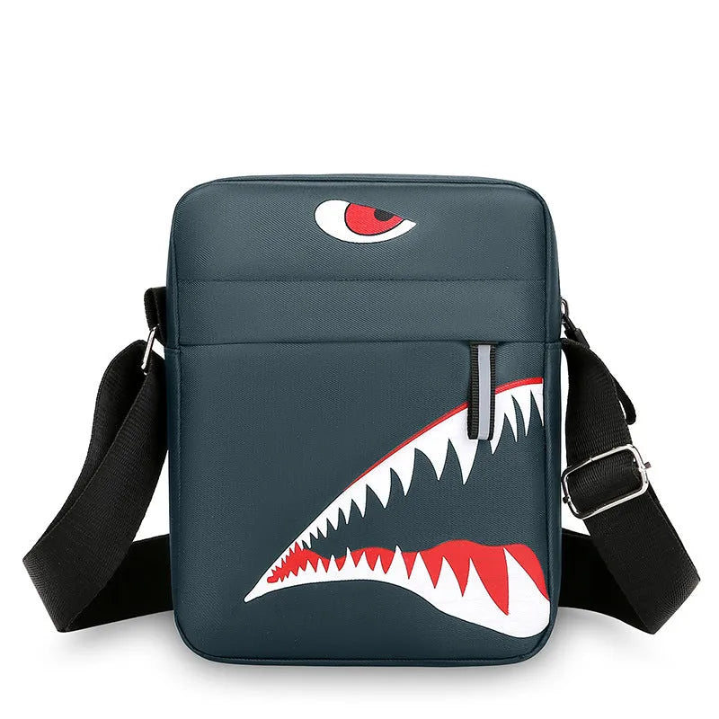 Men's small black Oxford cloth crossbody bag with an animal print pattern.