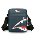 Men's small black Oxford cloth crossbody bag with an animal print pattern.