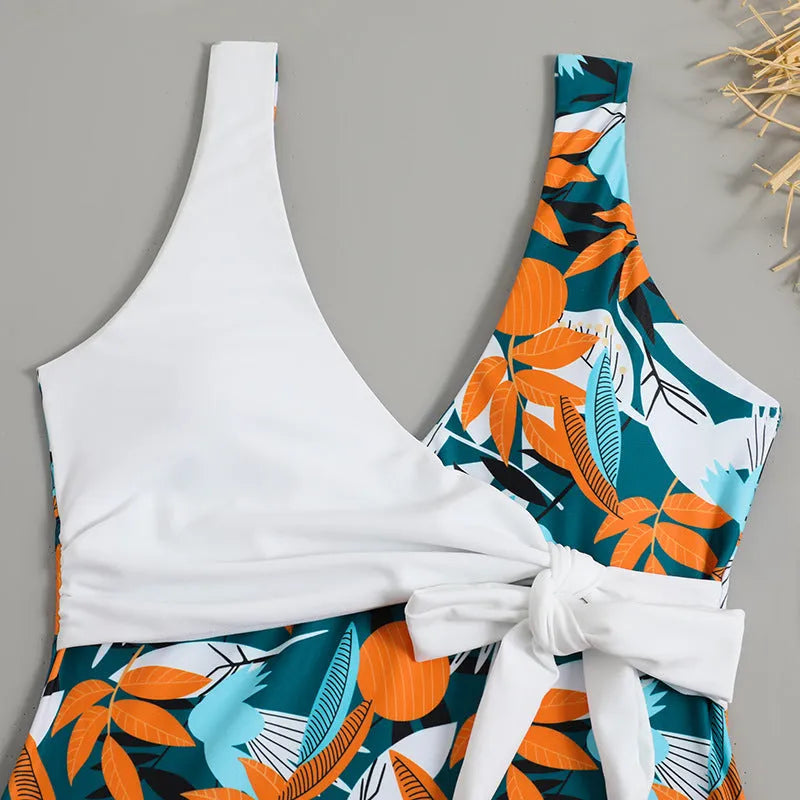 Women's high waist one-piece bikini swimsuit with printed pattern and quick-drying polyester fabric