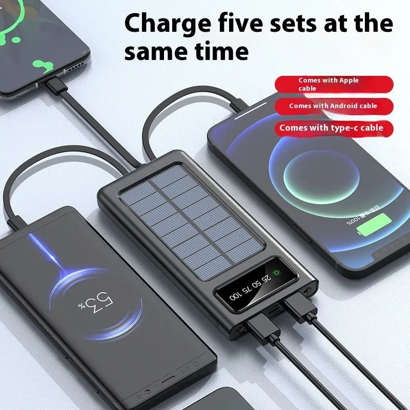 Solar power bank portable battery charger with cable for mobile phones in black or white