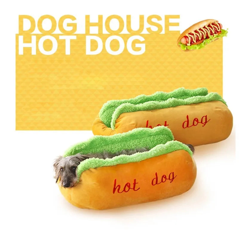 Flannelette hot dog pet bed with removable mat and anti-slip base in four size options.