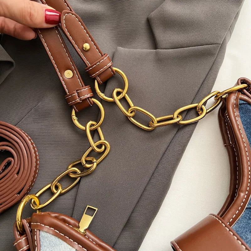 Brown denim women's shoulder bag with diamond mesh panel and chain strap detailing