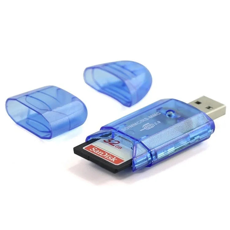 Transparent plastic USB card reader with LED light option on a desk