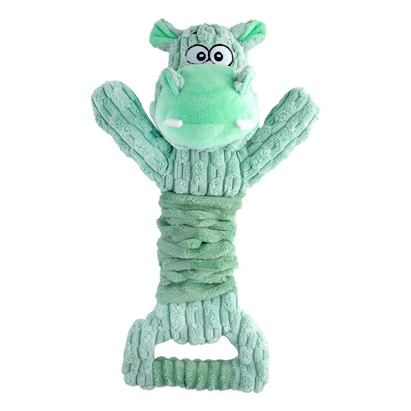 Large plush hippo or monkey dog toy with a handle, shown in bright colours.