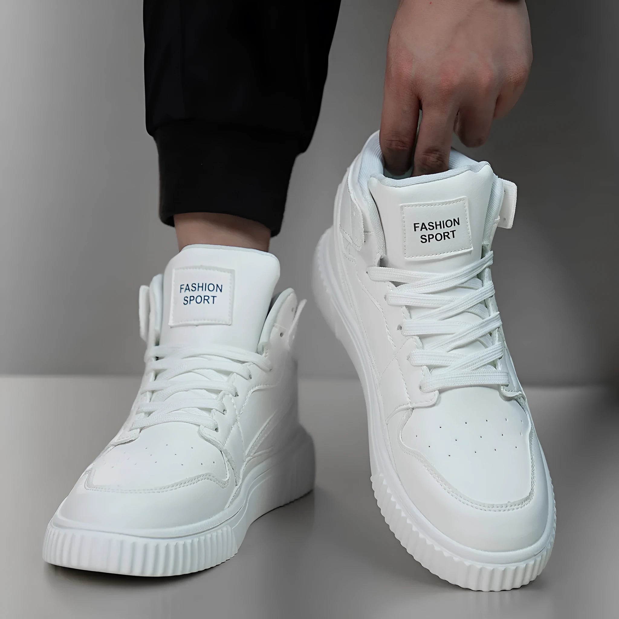 Men's white microfiber casual shoes with round toe design for autumn and winter leisure wear