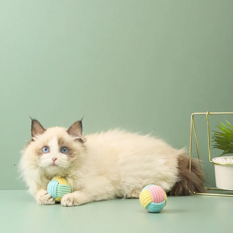 Handmade 5cm cat plush ball toy with hair and cotton textures in blue powder colour