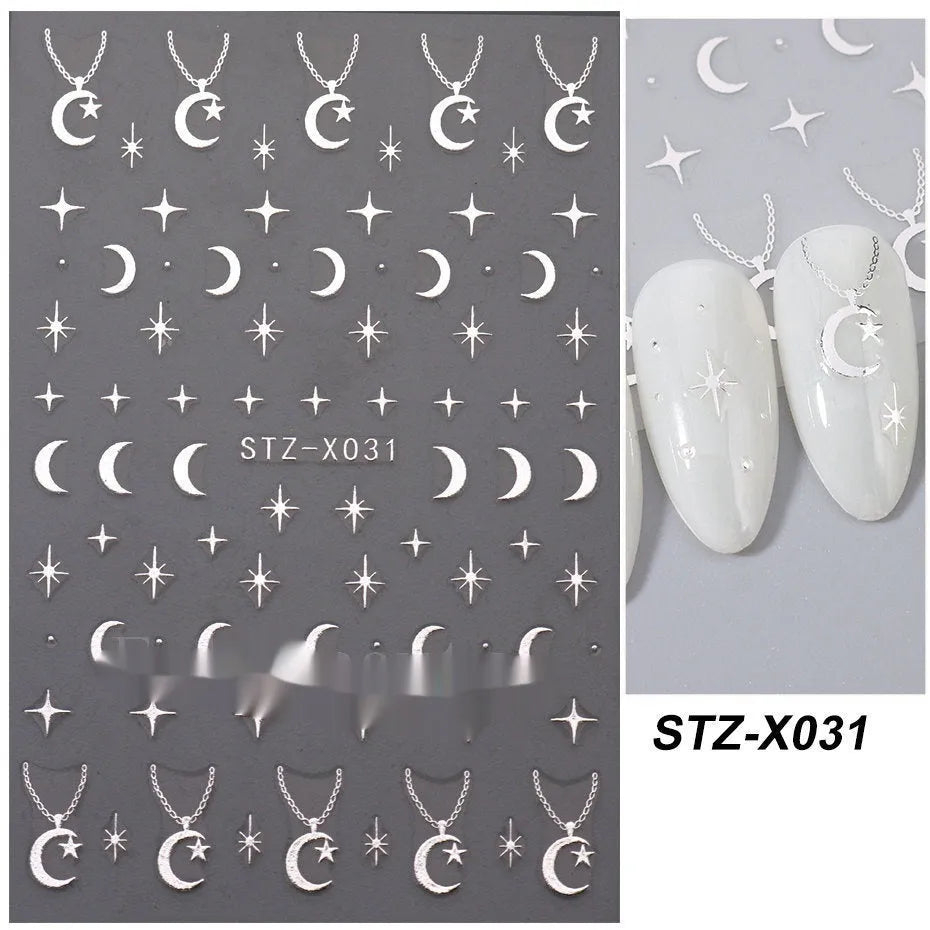 Cartoon love pattern nail art sticker decals in black and silver colours on a plastic sheet.