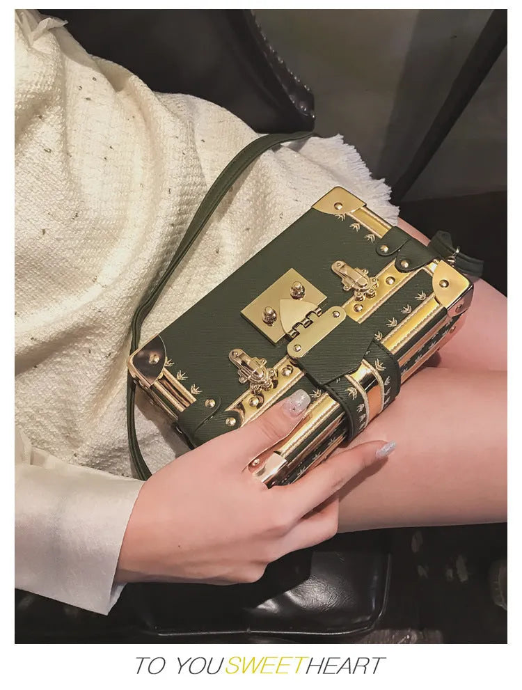 Women's hard PU shoulder bag with rivet decoration and hasp closure in black or green flap style