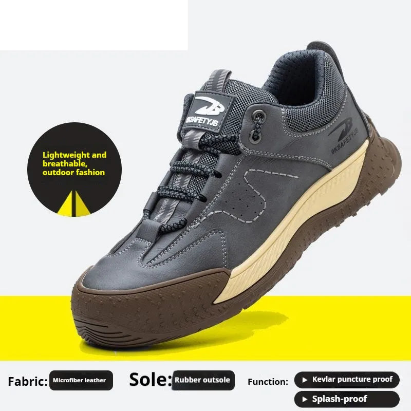 Flyknit leather work shoes with rubber sole, shown in black, brown, grey, and khaki colours.
