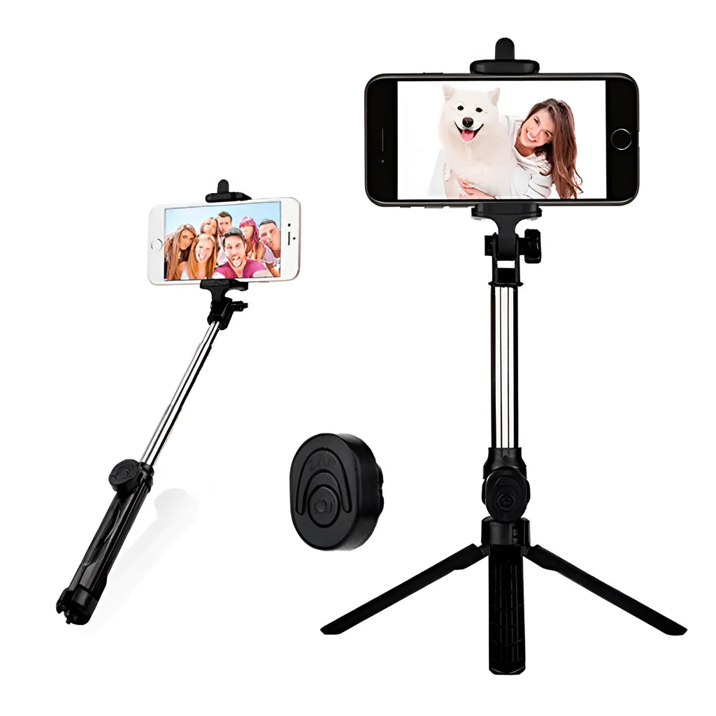 Black aluminium Bluetooth tripod selfie stand for iPhone with extended legs and remote control