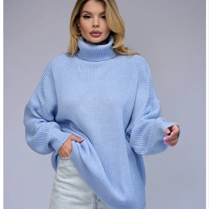 Women's loose fit high neck pullover sweater in thick imitation cashmere knit, shown in a solid colour with a 3D pattern.