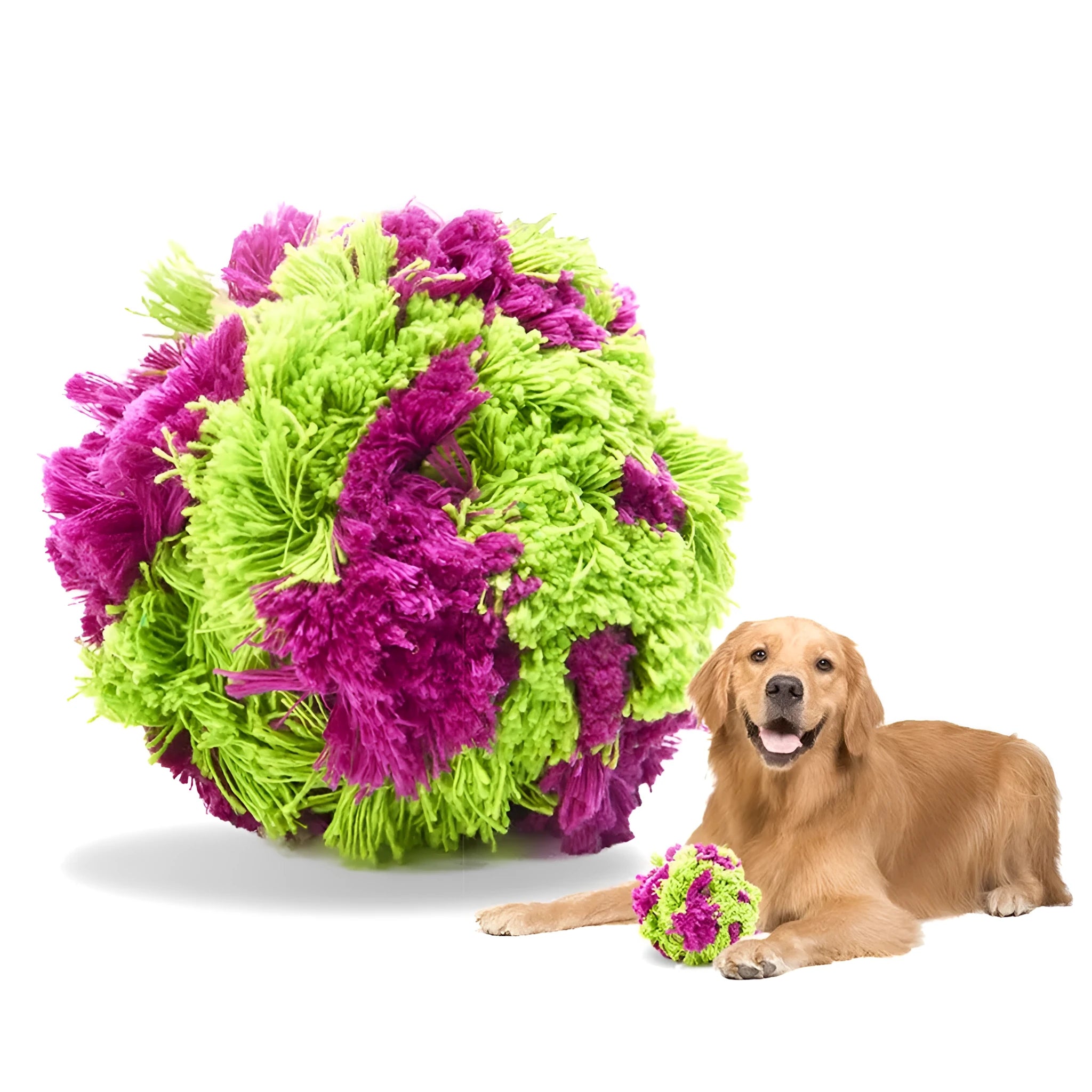 Purple plush seaweed ball dog chew toy measuring 15cm diameter for interactive play