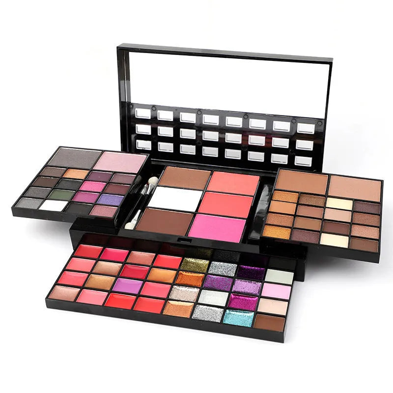 74 colour makeup combination palette open showing eyeshadows, lip glosses, and brushes
