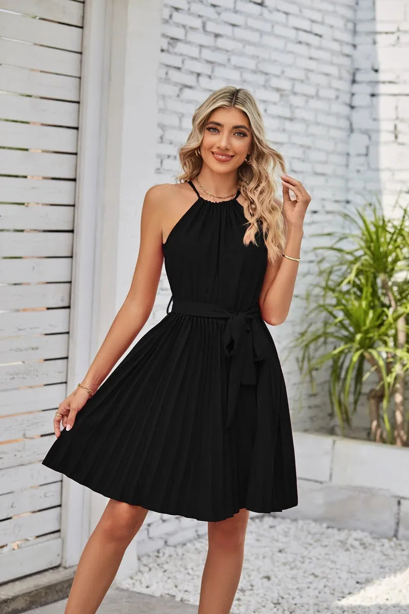 Women's halter strapless chiffon dress with pleated skirt and adjustable waist tie in multiple colour options