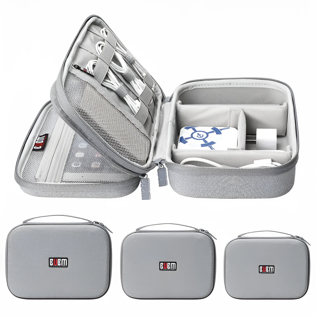 Black and grey EVA digital storage organiser bag for headphones and tech accessories, showing single and double layer options.