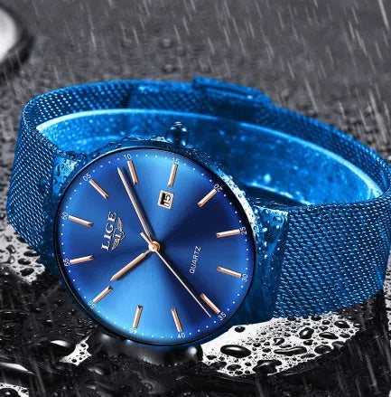 Men's stainless steel wristwatch with 40mm case shown in black, blue, and black/blue colour variations