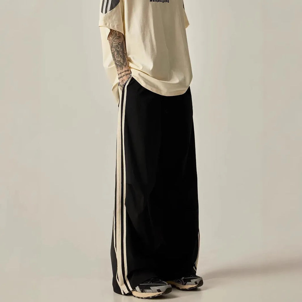 Black men's wide leg climbing pants with high waist and long straight-leg style made of polyester