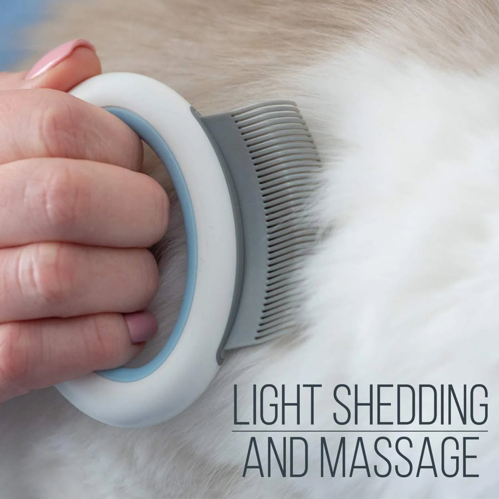 Blue plastic pet grooming comb with soft teeth and ergonomic handle for cats and dogs