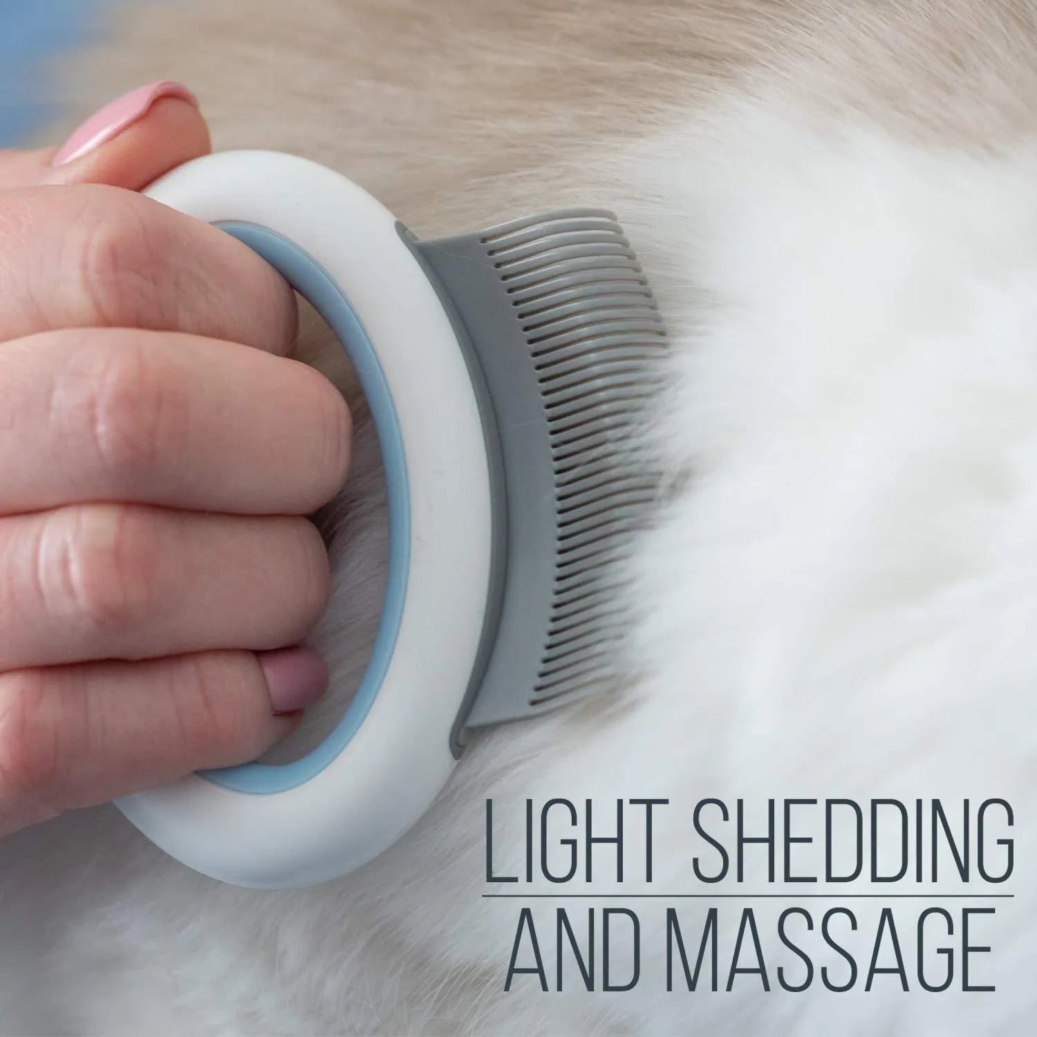 Blue plastic pet grooming comb with soft teeth and ergonomic handle for cats and dogs