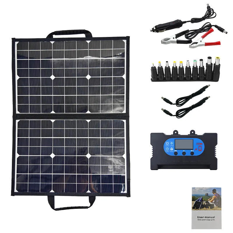Black folding solar panel bag showing 40W single crystal cells and compact 425mm folded dimensions