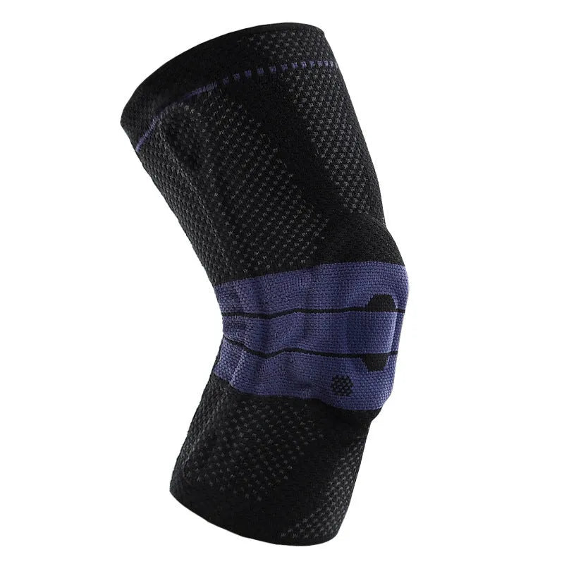 Adult black and blue sports knee pads made from nylon and spandex, shown on a knee.
