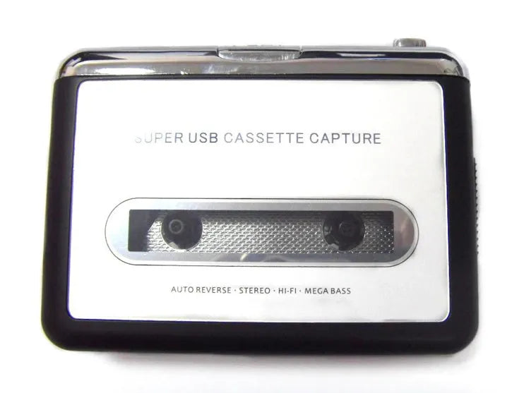 Cassette to MP3 converter unit with USB cable on a desk next to a cassette tape.