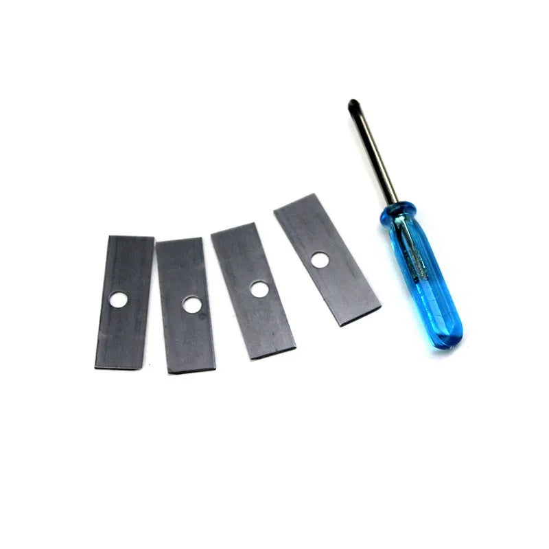 Geometric plastic pencil sharpener with four holes for different pencil sizes, includes screwdriver