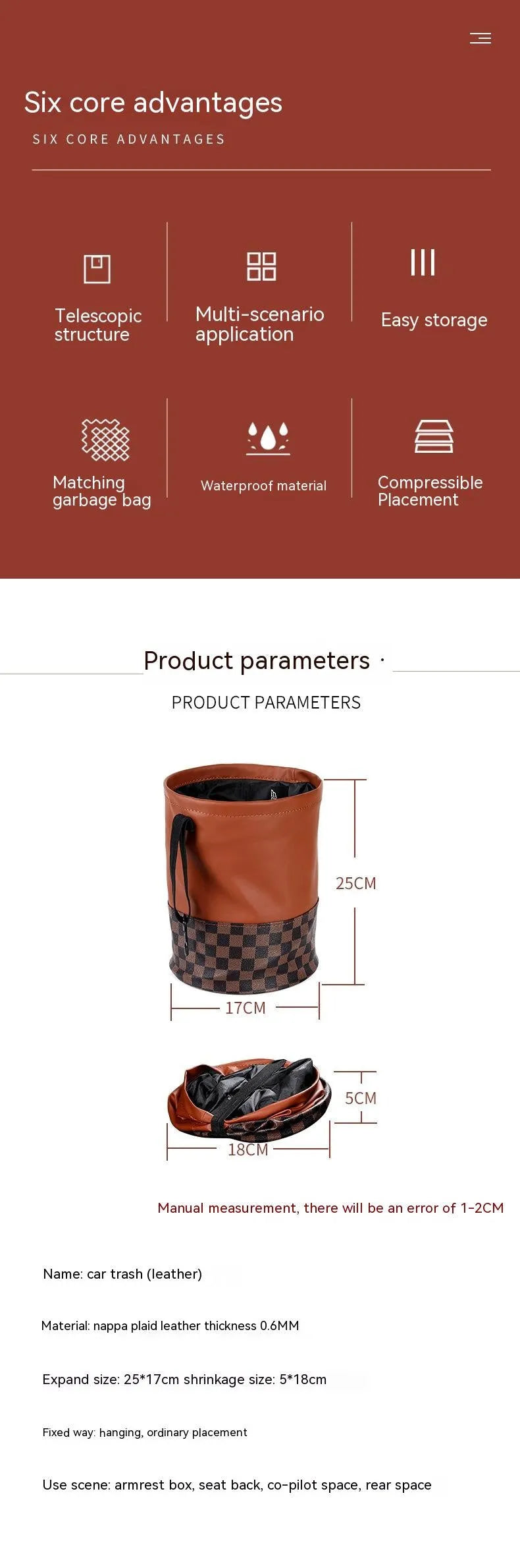 Retractable leather car interior bin showing waterproof construction with handle and folding mechanism