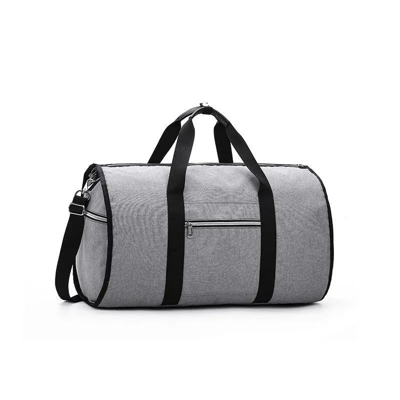 Cylinder-shaped travel bag in red, light grey, blue, or black with a zipper opening and Oxford cloth material.