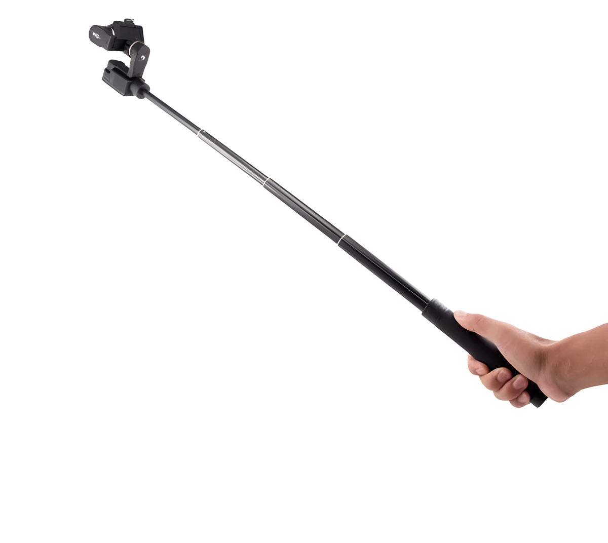 Black retractable selfie stick handheld stabiliser extended for smartphone photography