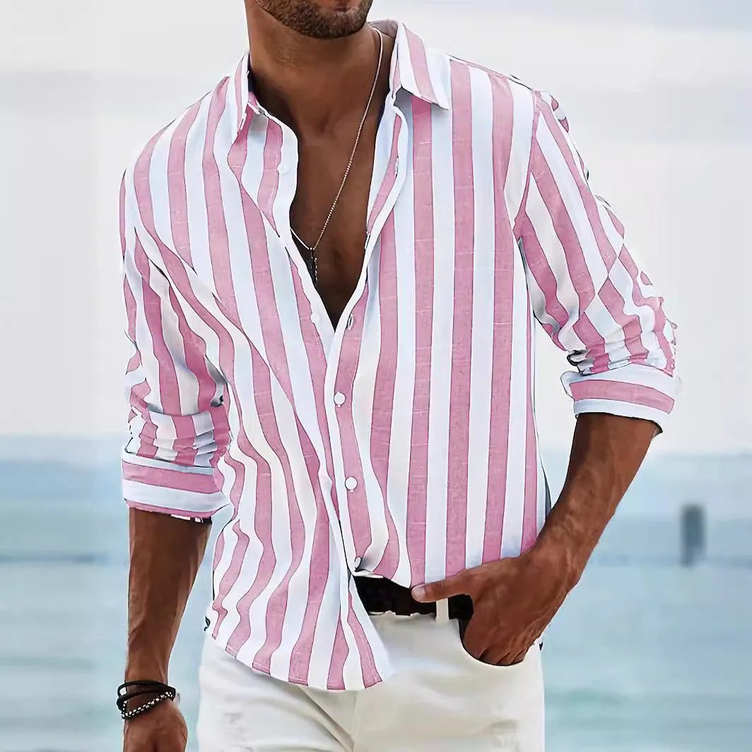 Men's yarn-dyed striped casual shirt loose fit long sleeve British style cardigan polyester