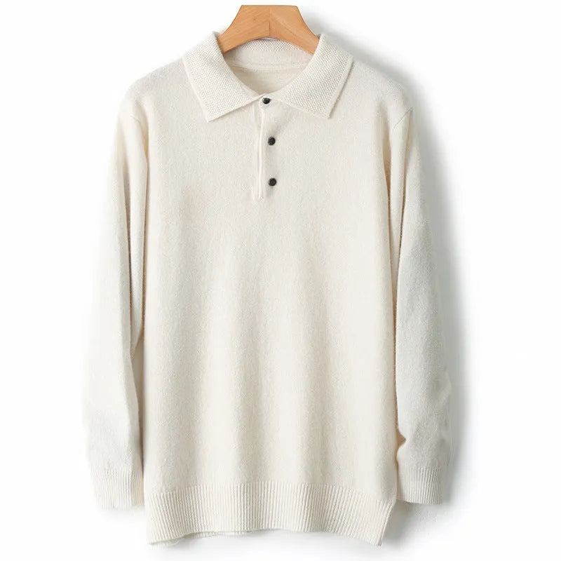 Men's grey woolen pullover sweater with a polo collar and long sleeves on a hanger