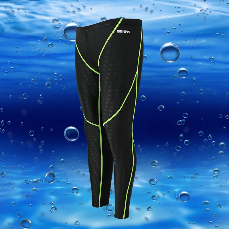 Men's black nylon cropped swimming trunks on a size chart showing M to XXXL.