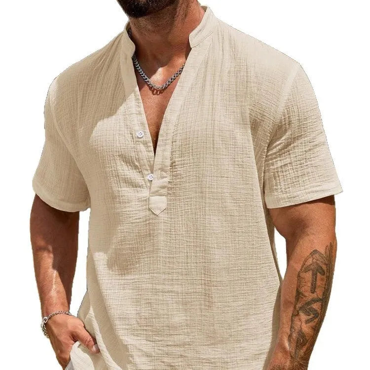 Men's solid colour short-sleeved casual shirt with stand collar on a hanger