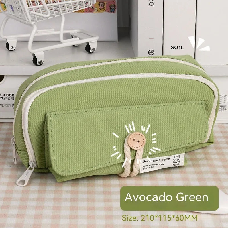 Korean style canvas pencil case in green colour with large capacity for approximately 80 pens