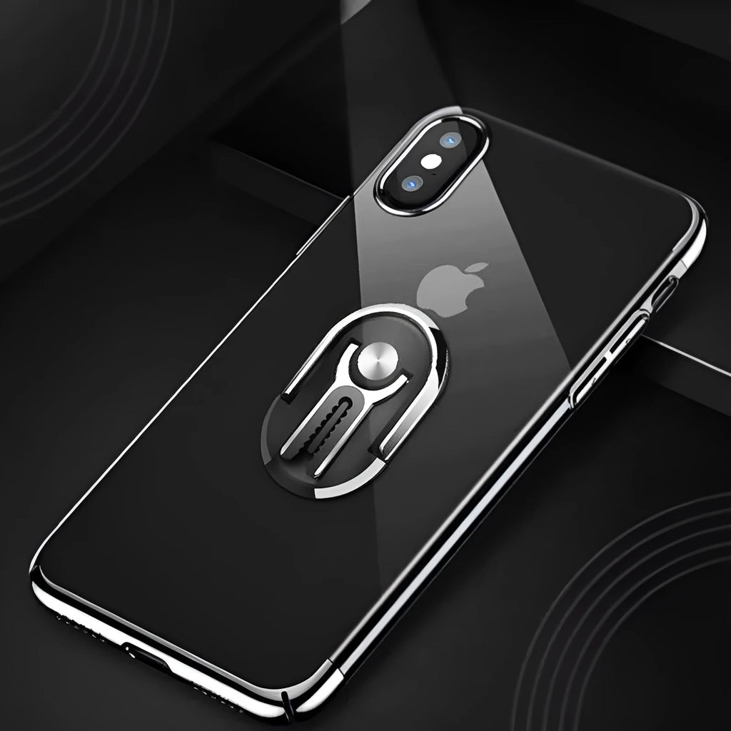 Universal car mobile phone holder with 360-degree adjustable ring bracket in black, silver, blue, gold, and red colours.