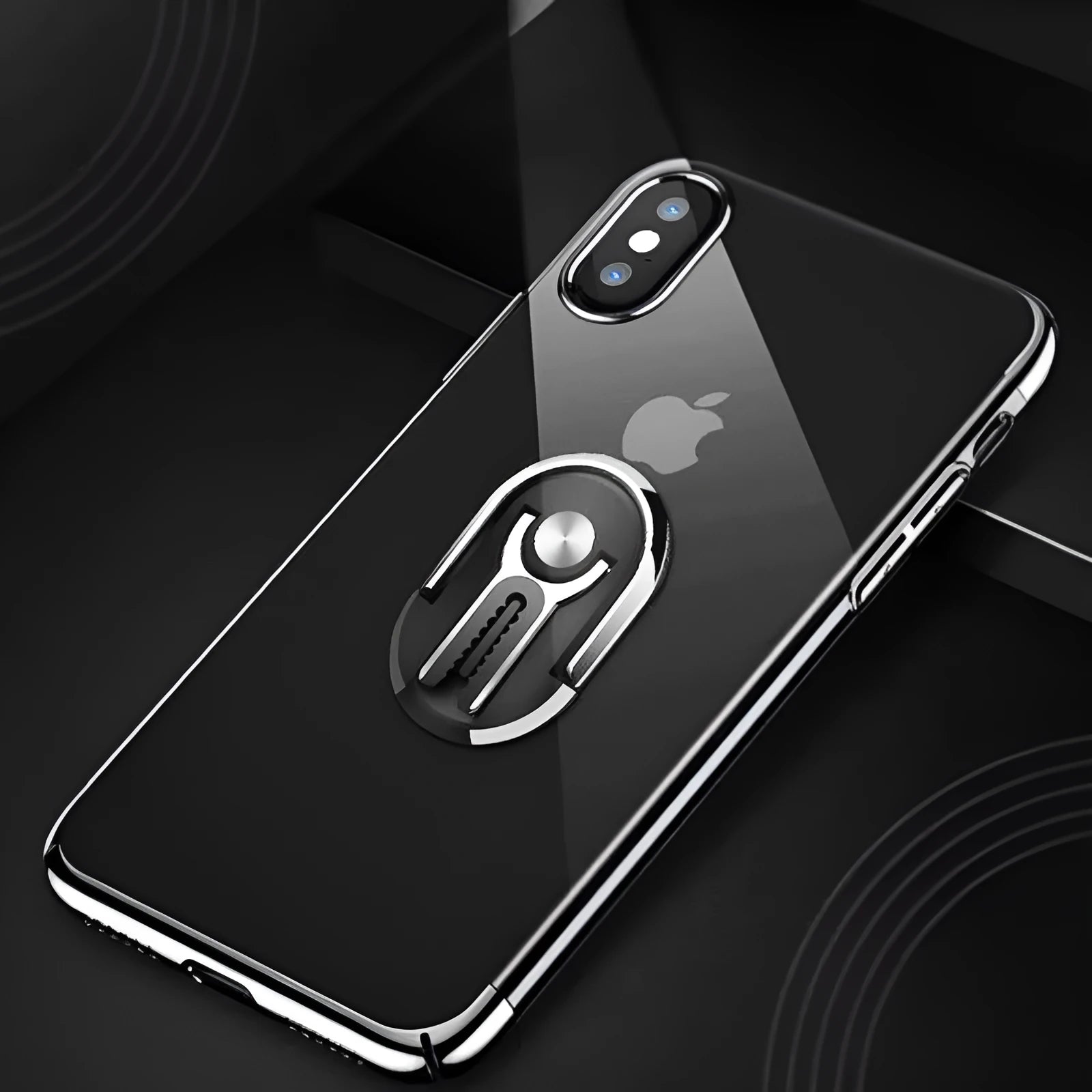 Universal car mobile phone holder with 360-degree adjustable ring bracket in black, silver, blue, gold, and red colours.